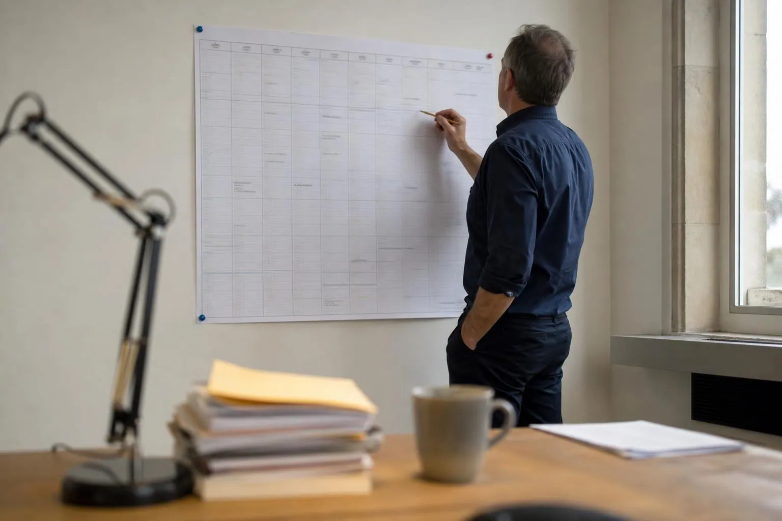 Un calendrier mural de grand format annote au crayon dans un bureau de direction