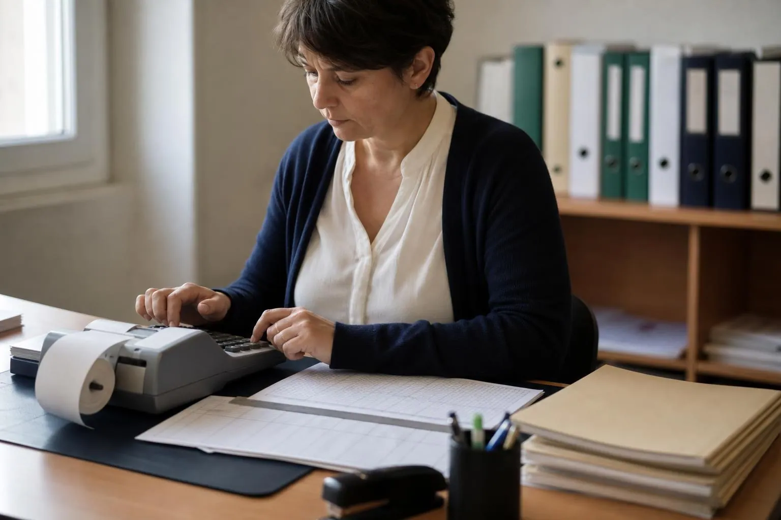 Une adjointe administrative utilise une calculatrice de bureau a rouleau papier a cote d un registre a colonnes