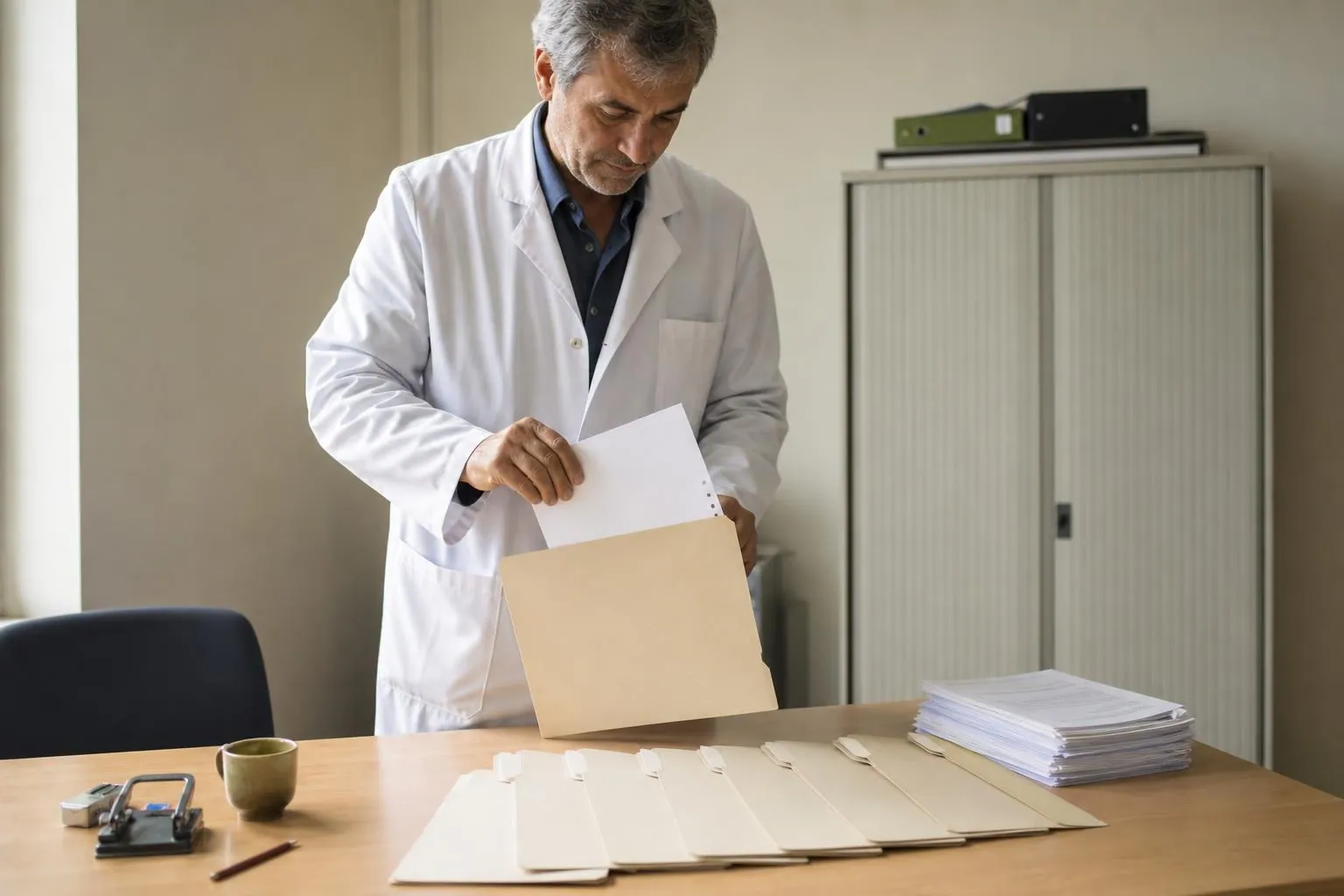 Un medecin coordonnateur classe des feuilles perforees dans des chemises cartonnees alignees sur une table de bureau