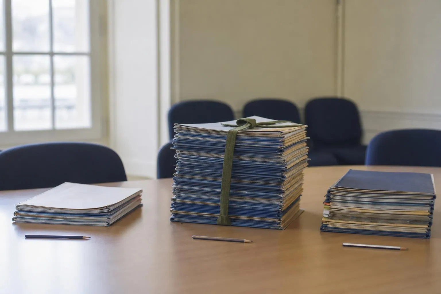 Trois piles de dossiers d epaisseurs differentes alignees sur une table de reunion vide