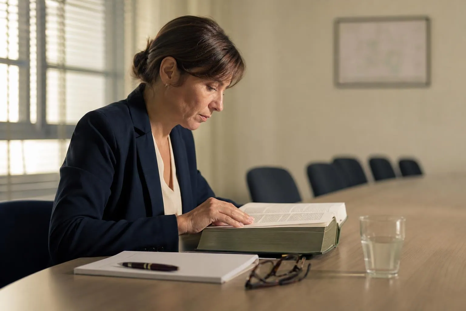Une directrice d etablissement consulte un recueil reglementaire relie pose sur une table de reunion