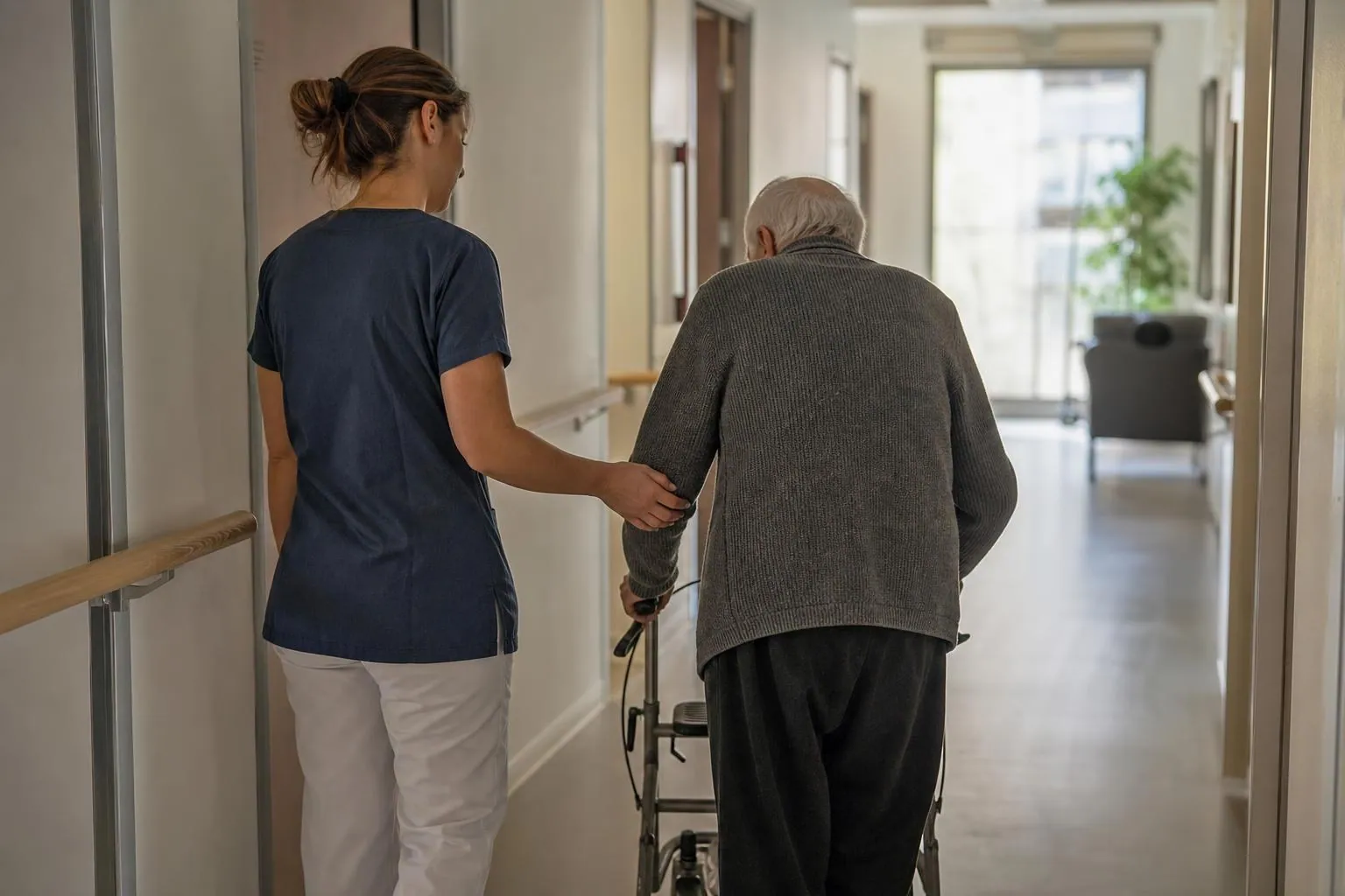 Une aide soignante accompagne un resident age qui marche avec un deambulateur dans le couloir d une unite de vie