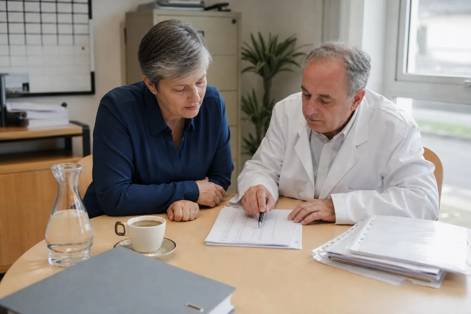 Une directrice d etablissement et un medecin coordonnateur assis face a face examinent des tableaux imprimes poses sur une table de reunion en bois clair